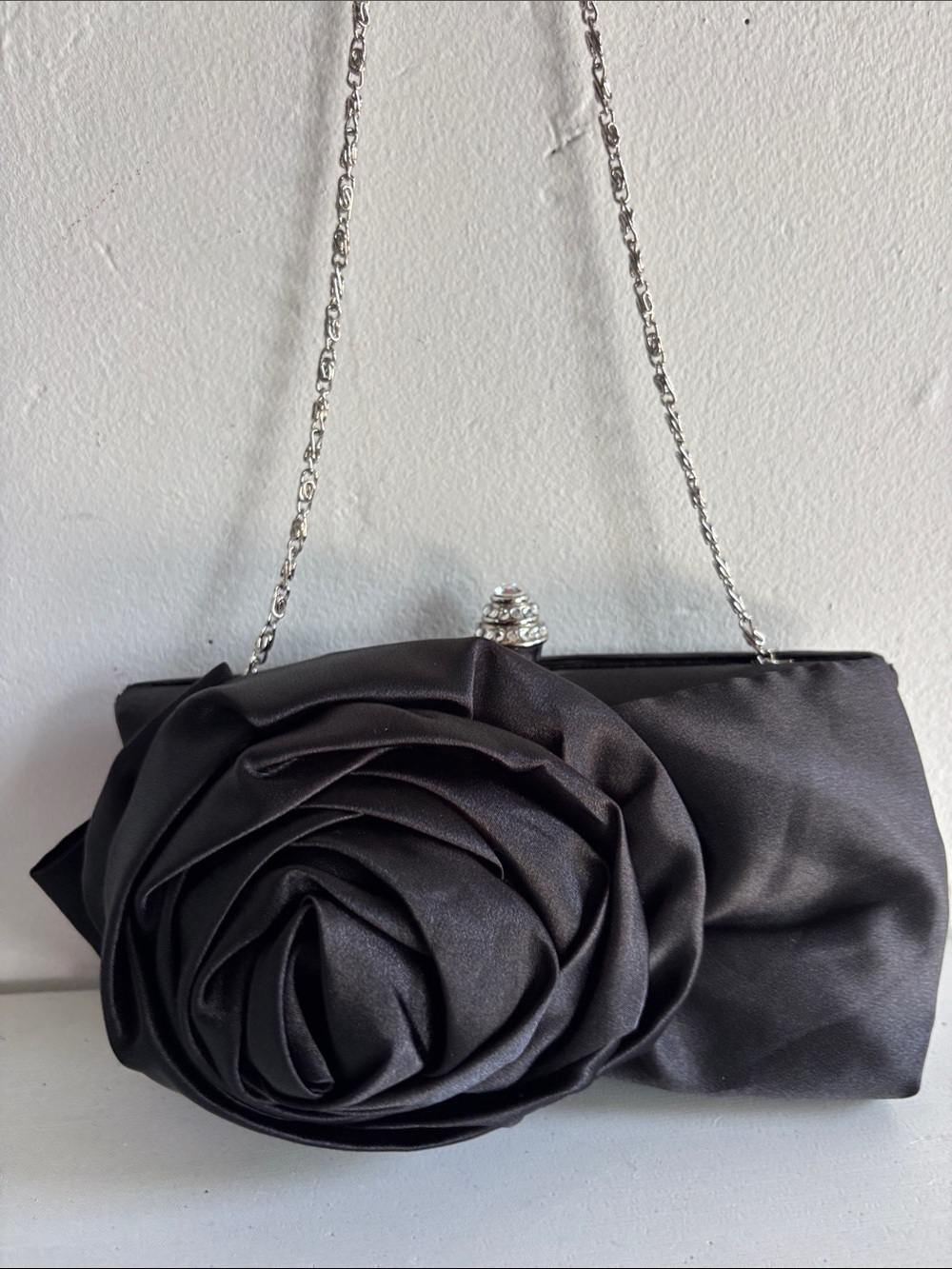 Black Satin Rose Appliqué Evening Clutch with Silver Chain